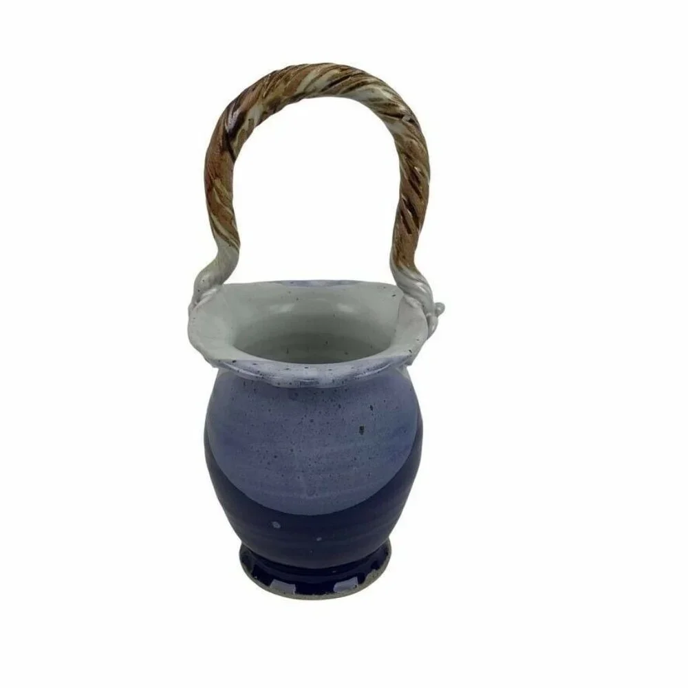 Artist Stamped Pottery Basket Vase Fluted Crimped‎ Rim Twisted Handle Blue Grey